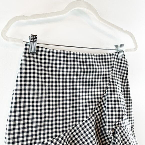 H&M Wrap Front Ruffle Hem Gingham Mini Skirt Black White 6 - Picture 5 of 12